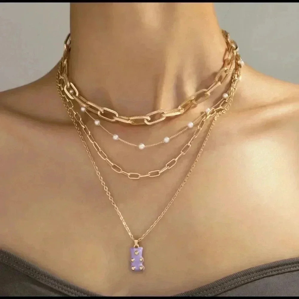 🆕Stitching Necklace Fashion Purple Bear Multi-layer🆕